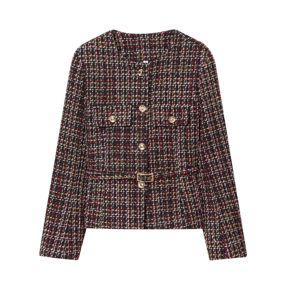 Damer Elegant Tweed Jakke med Dekorative Knapper og Aftageligt Livbælte Stilla