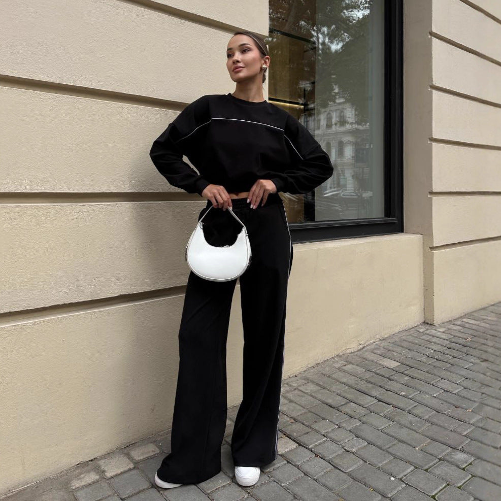 Kvinders sporty top og bukser sæt med elastisk liv og kontrast syninger