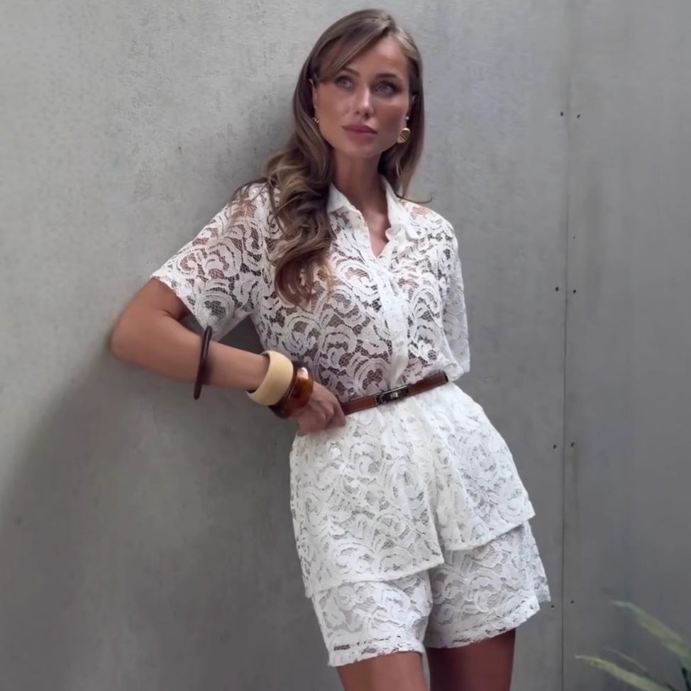 Damer Elegant og luftigt spidsetop- og shorts-sæt Stilla