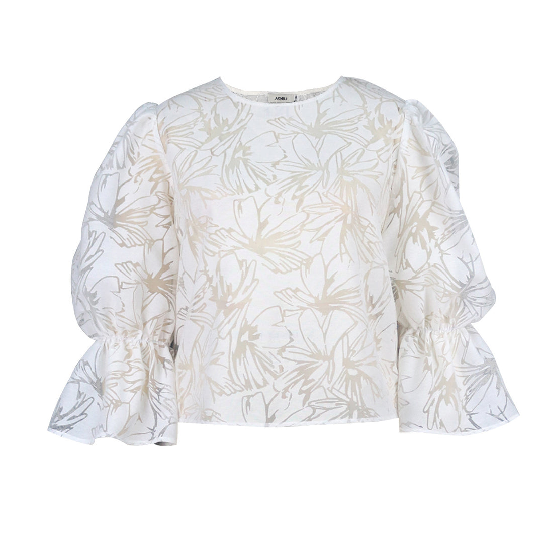 Damer Elegant Bluse med voluminøse ærmer og blomstermotiv Skovae
