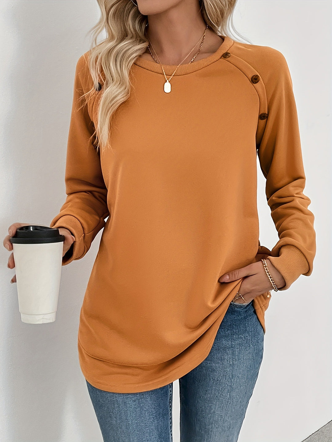 Kvinder Langærmet Knap-Detail Sweatshirt Stilla