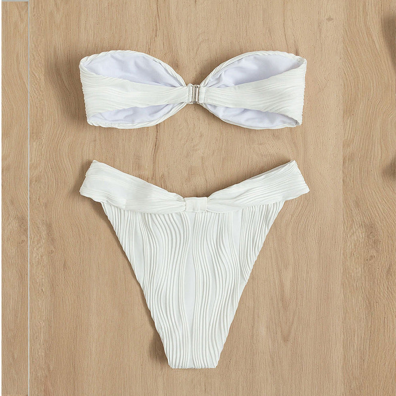 Dame bandeau bikini med moderne rynkning og højskåret trusse Skovae