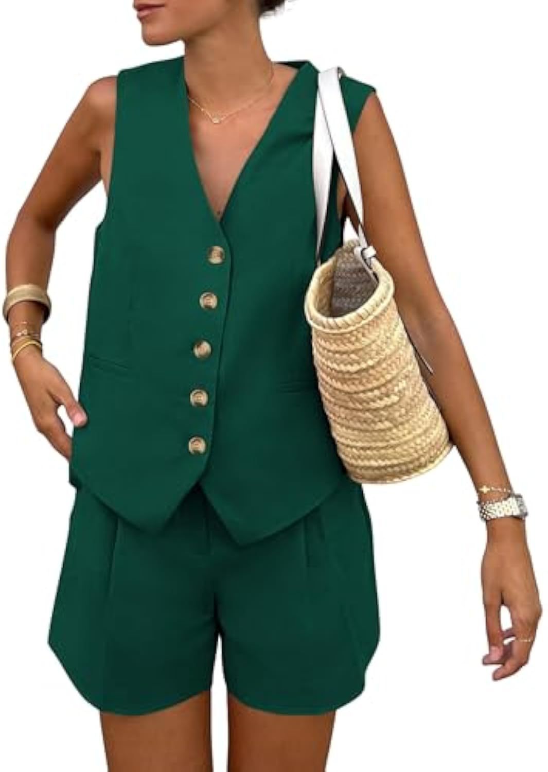 Dame elegant jumpsuit sæt med tætsiddende snit og dekorative knapdetaljer Skovae