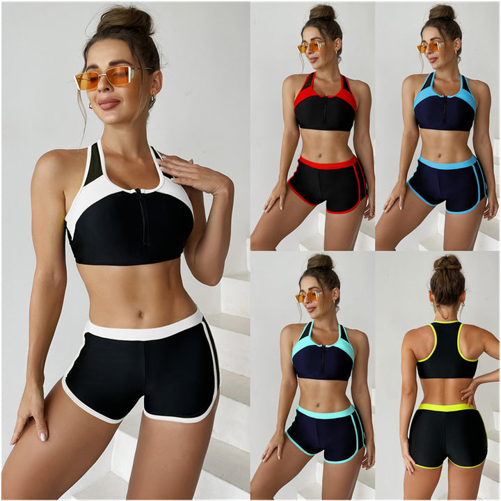 Femme Sporty Zip-Up Badetop og højtaljede Shorts Sæt Stilla