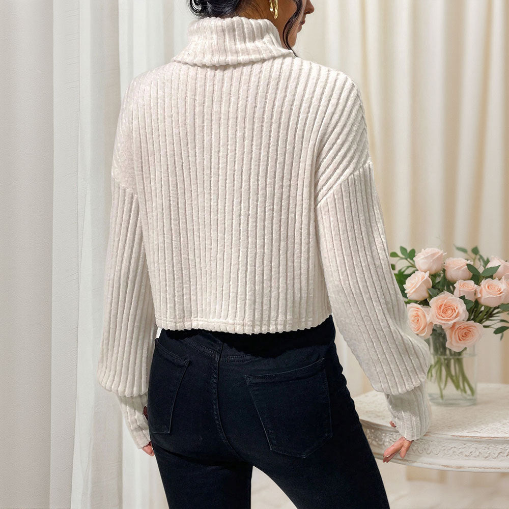Kvinder cropped sweater med høj krave og fin ribstruktur Stilla