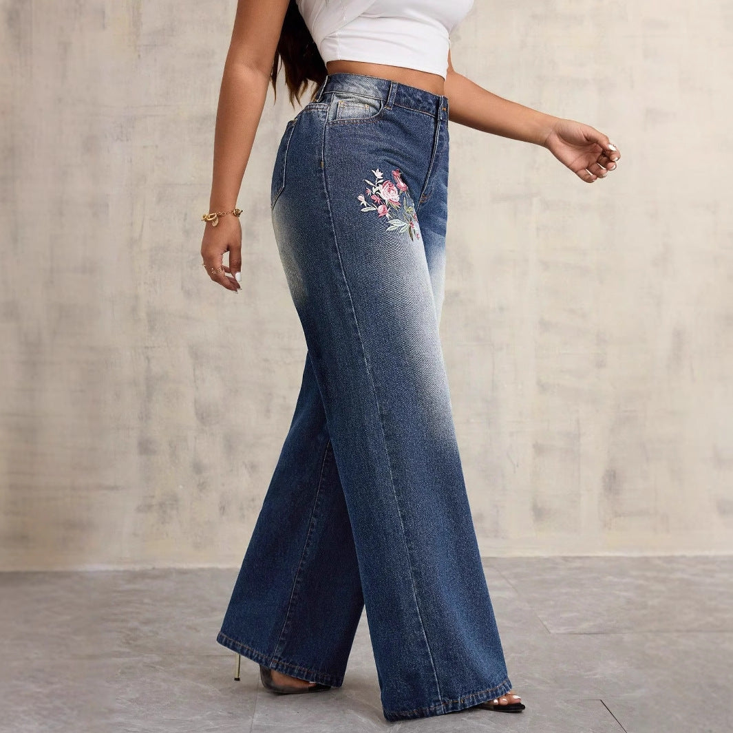 Kvinders brede denim jeans med blomsterbroderi Stilla