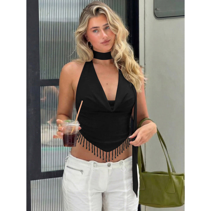 Dame Chic Cropped Top med glimmerdetaljer og åben rygudskæring Skovae