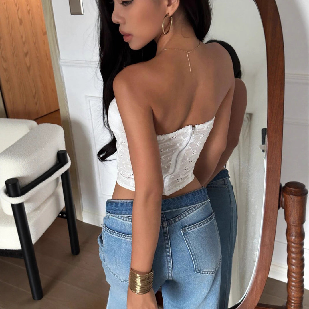 Dame bandeau-top med fint broderedesign Skovae