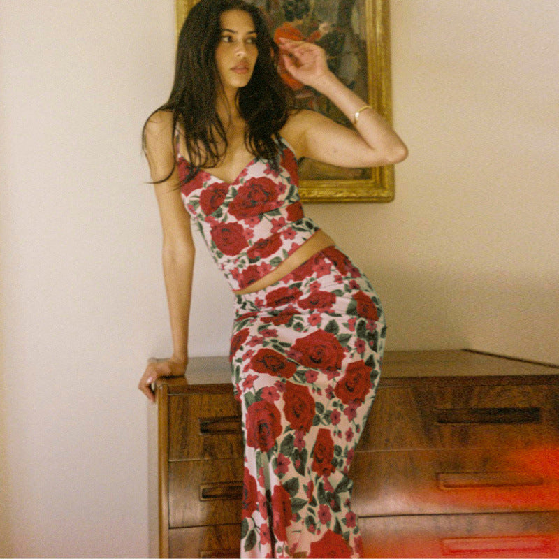 Dame Floral Print Spaghetti-Rem Zuitdeler Sæt Stilla