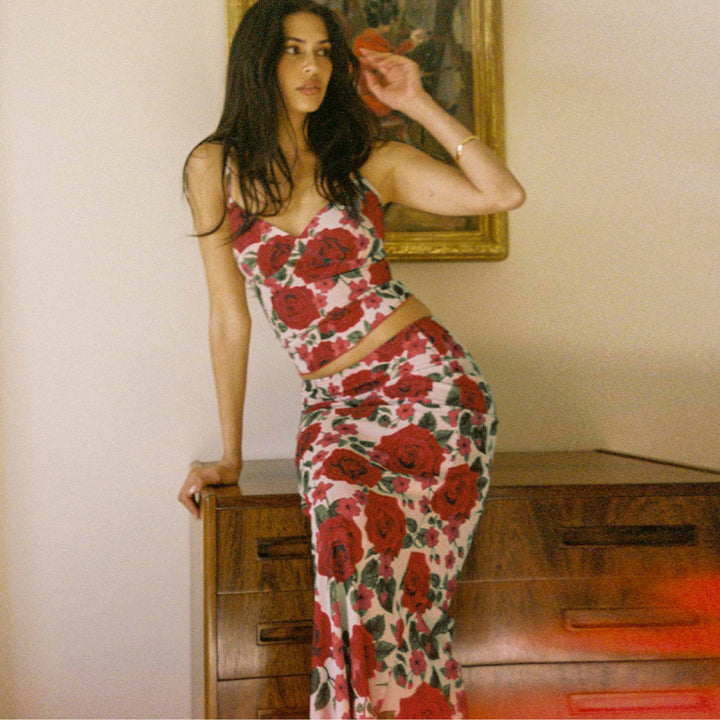Dame Floral Print Spaghetti-Rem Zuitdeler Sæt Stilla