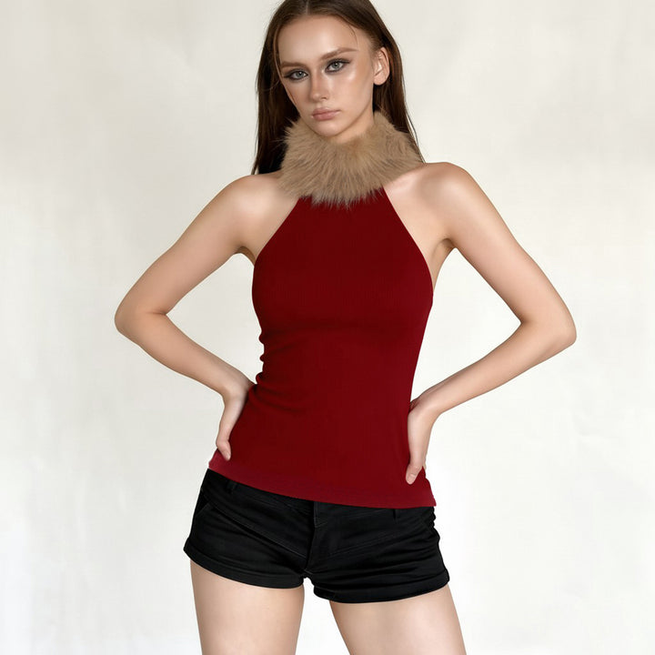 Damen elegantes langes Abendkleid mit raffiniertem Halter-Design und luxuriösem Kunstfellkragen Skovae
