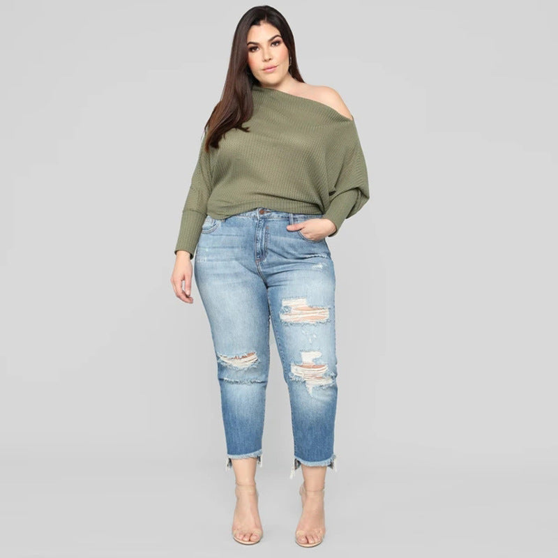 Dame højtaljede rippede jeans med frynset søm og moderne brugt-look Stilla