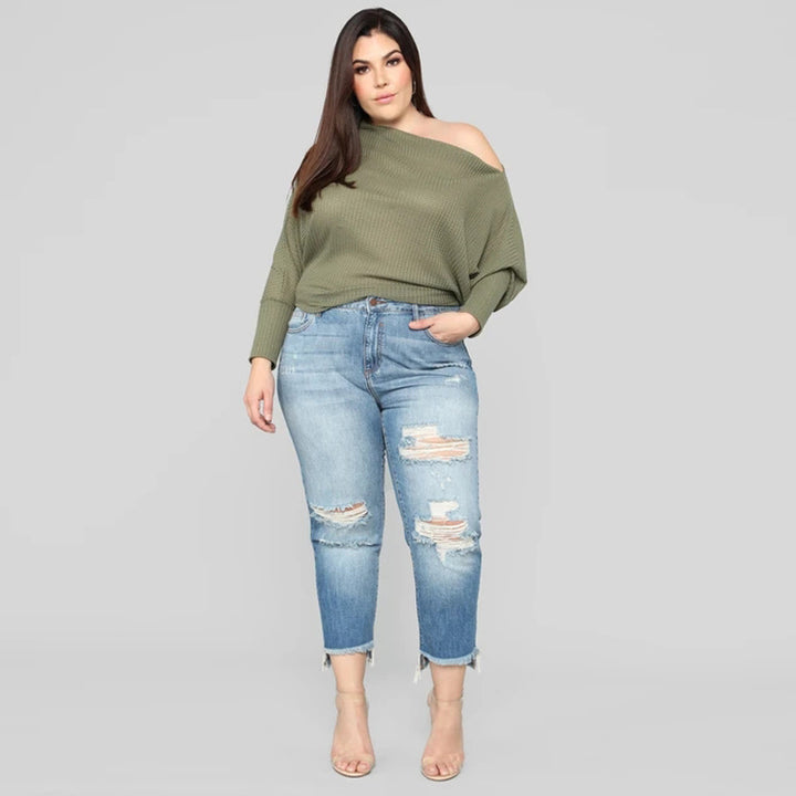 Dame højtaljede rippede jeans med frynset søm og moderne brugt-look Stilla