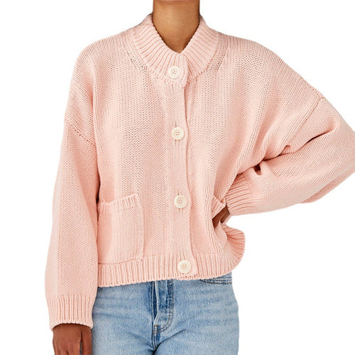 Dame Oversize Strikjakke med Ståkrave og Store Knapper Stilla