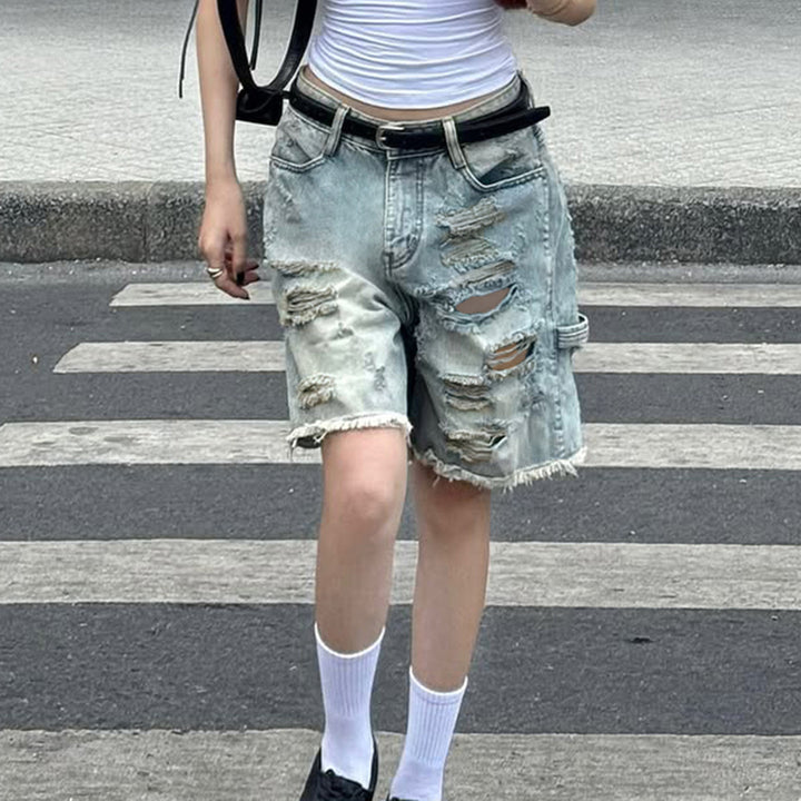 Dame Destroyed Denim-Shorts med høj talje og fransede kanter Skovae