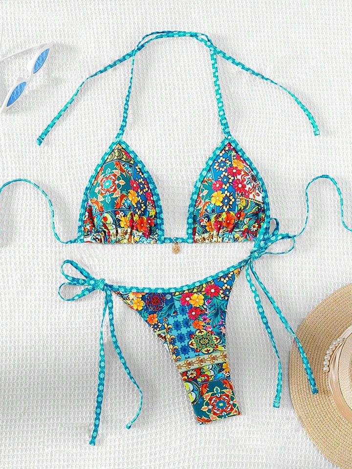 Damer trekant-bikini med blomsterdesign og justerbare bånd Skovae