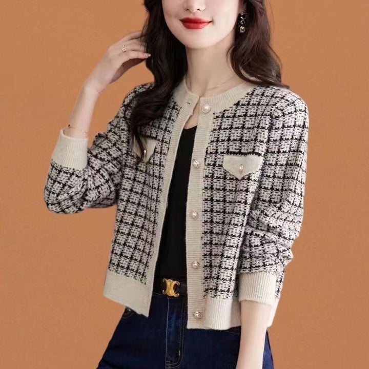 Kvinders klassiske cardigan med trendy ternet mønster Stilla