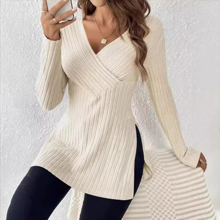 Dame Elegant Strikpullover med Vikledesign Stilla