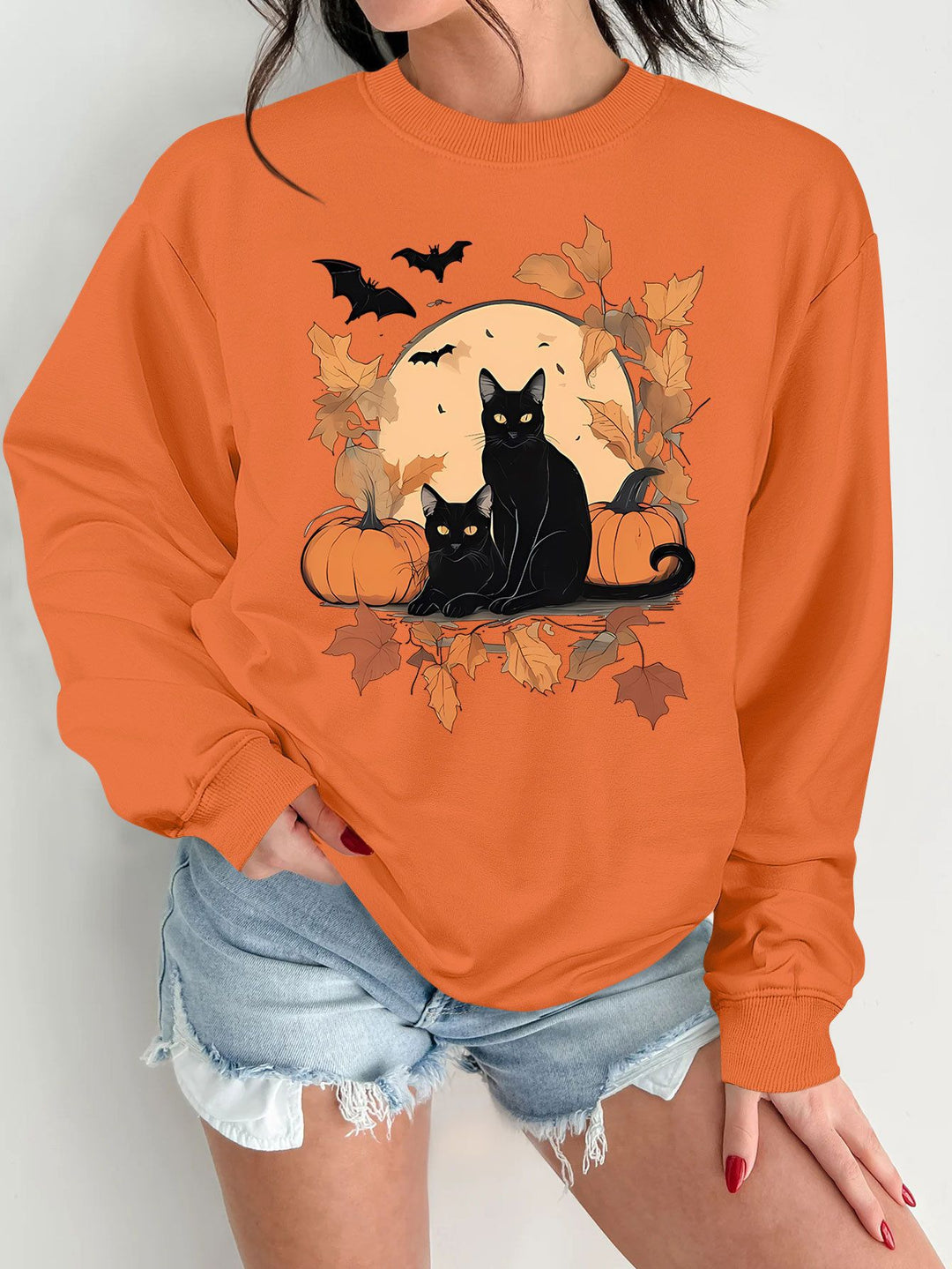 Dame sweatshirt med efterårs kat og græskar design Stilla