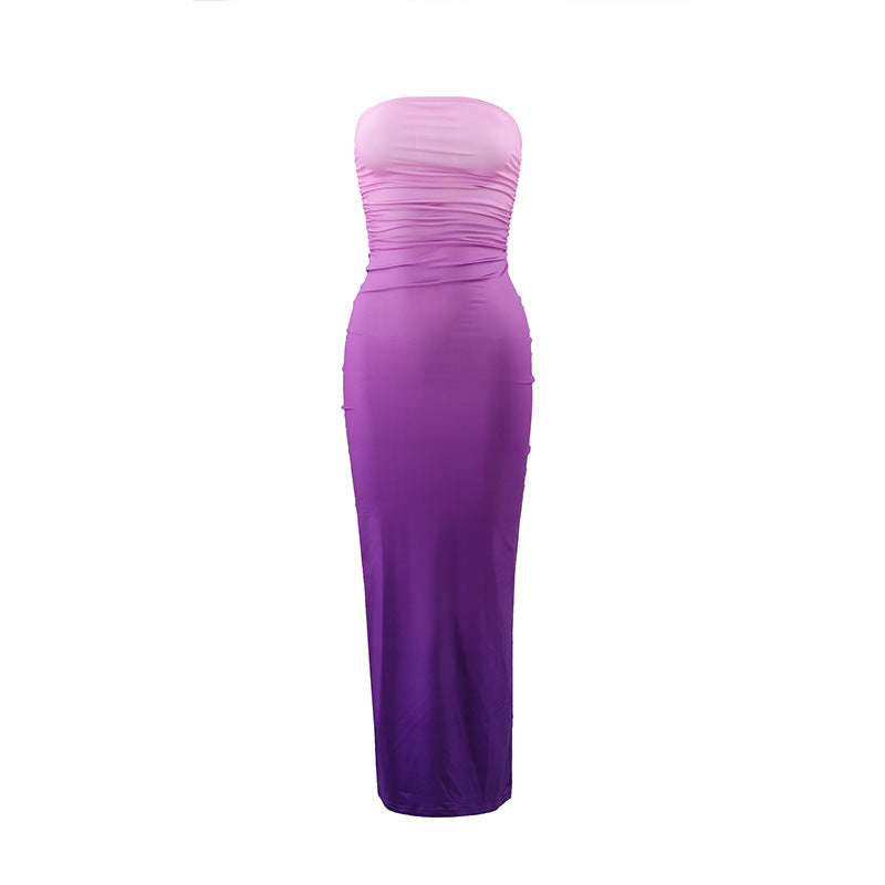 Dame elegant strapless maxikjole med farveovergang Skovae