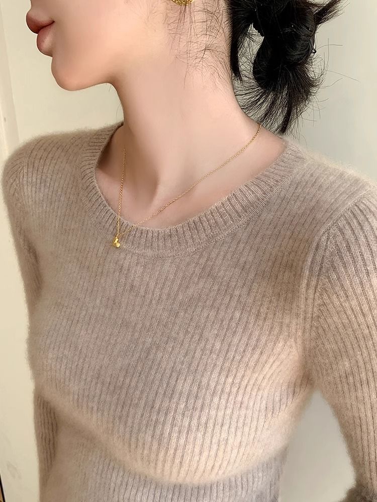 Dame fin ribbet strikket pullover med rund hals Stilla