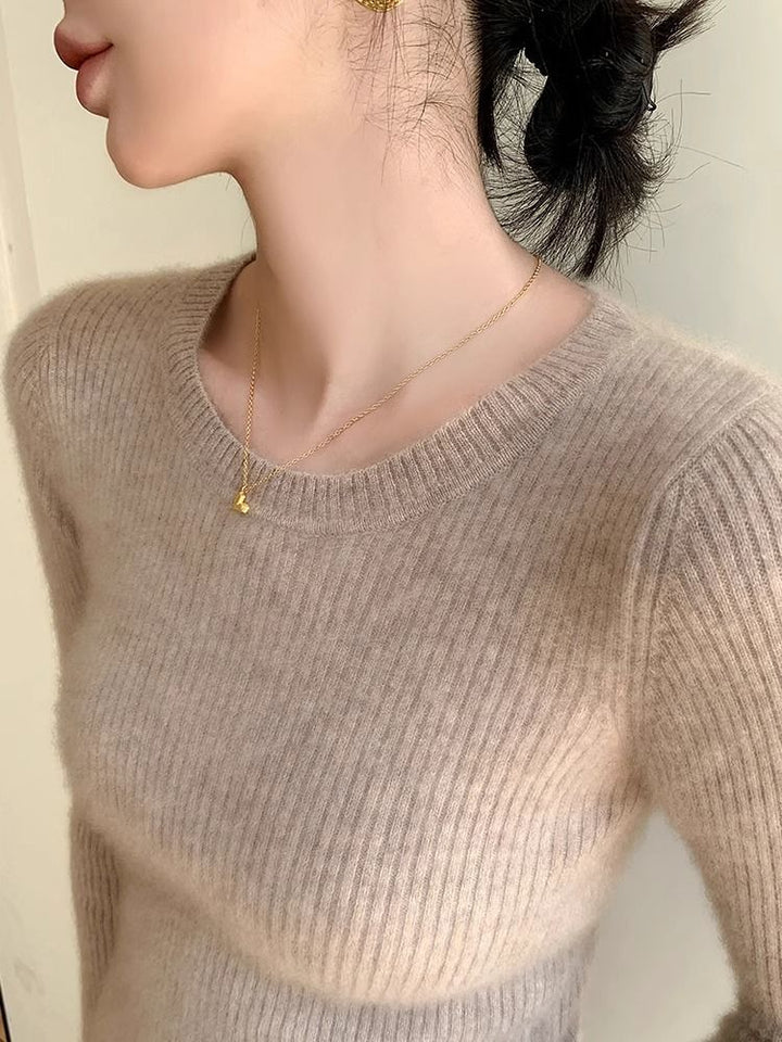 Dame fin ribbet strikket pullover med rund hals Stilla