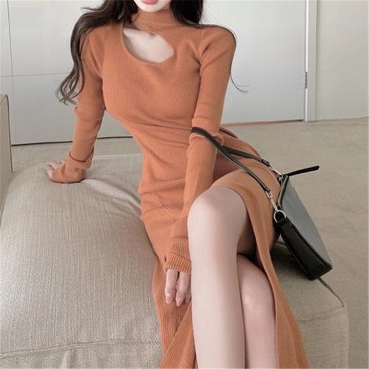 Dame High-Slit Strik Midi Kjole med Rullekrave Stilla