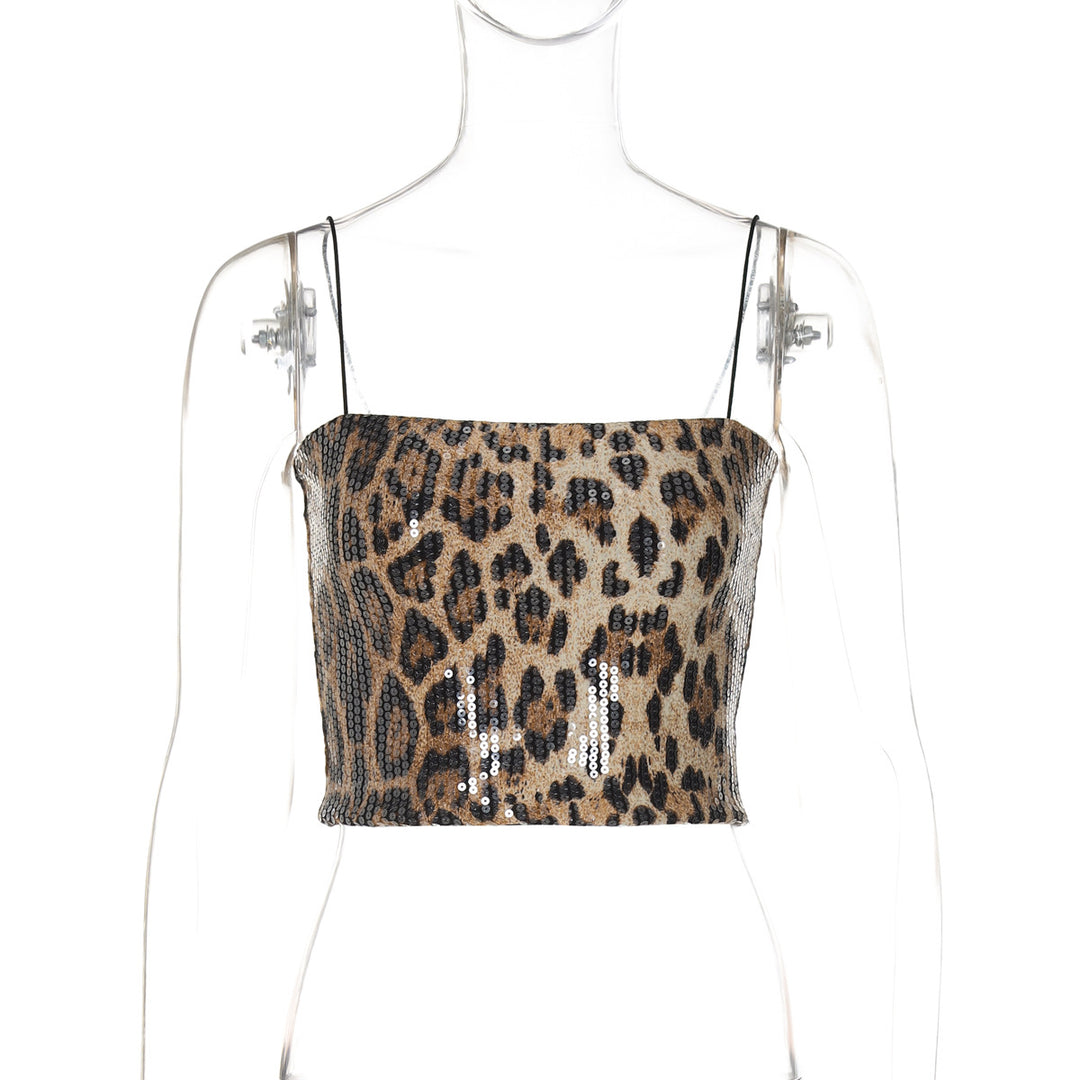 Dame crop-top med glitrende pailletter og leopardmønster Stilla
