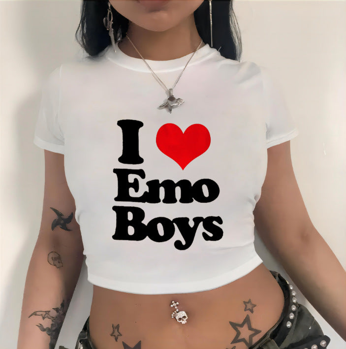Dame Crop-T-Shirt med kunstnerisk statementtryk Skovae