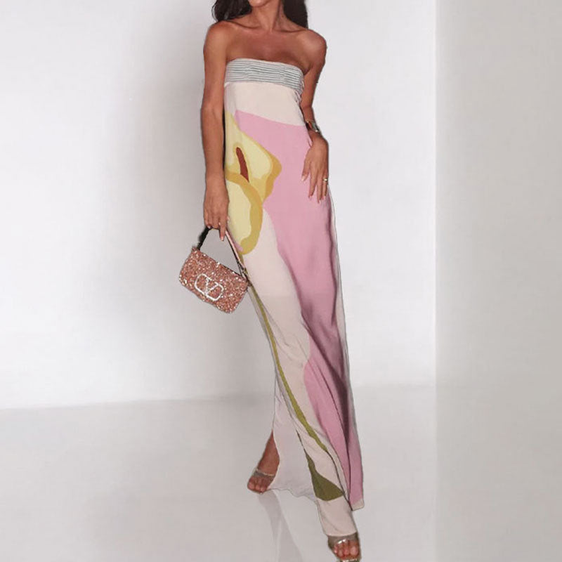 Dame Elegant Bandeau Maxikjole med kunstnerisk Floralprint Stilla