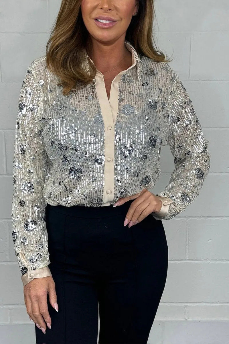 Dame fritidsbluse med glitrende paljetter og gennemsigtige materialer Stilla