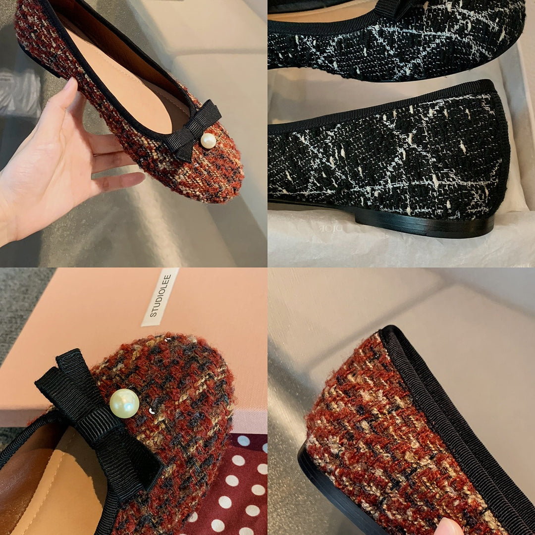 Damer Elegante Tweed Ballerinaer med dekorativ sløjfe og perleakkenter Stilla