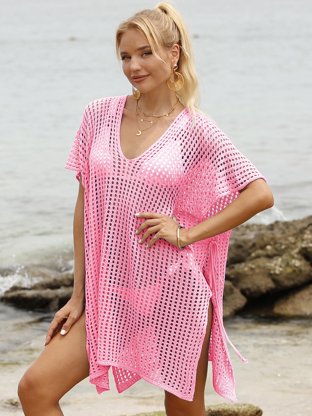 Femme Let Åben-Strik Strand Cover-Up Tunika Stilla