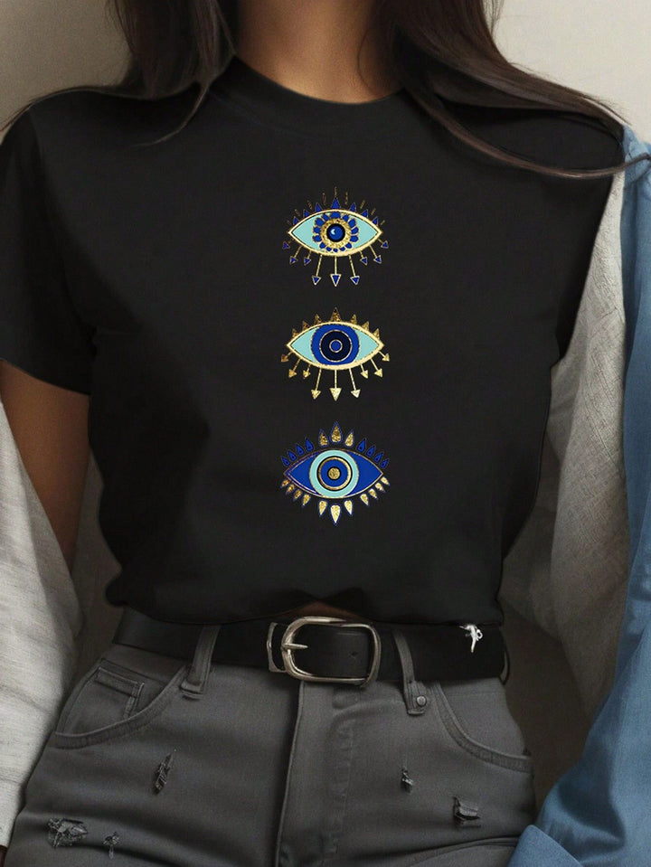 Dame T-shirt med kreativ grafisk tryk og luksuriøse paillet accenter Skovae