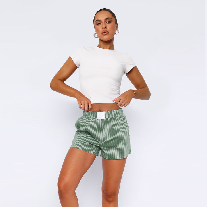 Dame bomulds-shorts med elastisk talje og stribemønster Stilla