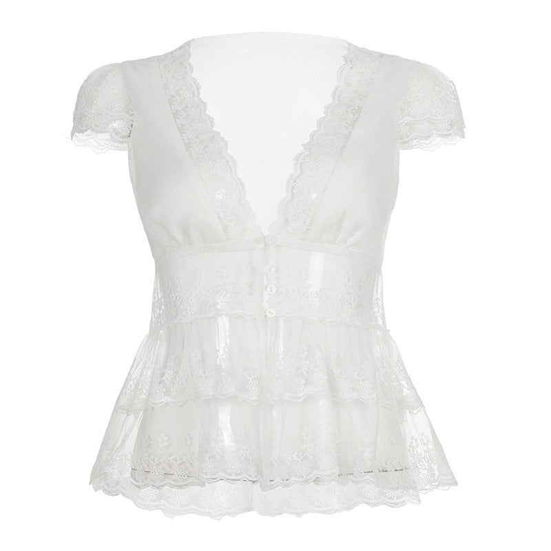 Damen Spitzenbluse mit Rüschendetails und tiefem V-Ausschnitt Skovae