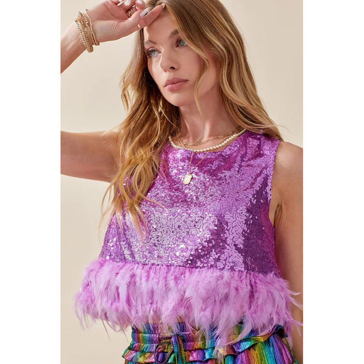 Dame Glitrende Crop-Top med Fjer og Metallic-Detaljer Stilla