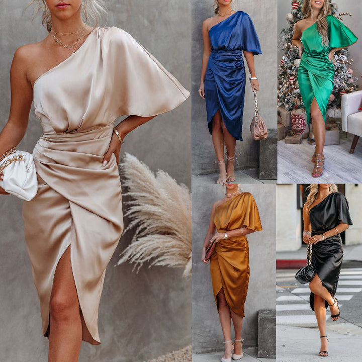 Dame elegant One-Shoulder Kjole med Drapering Stilla