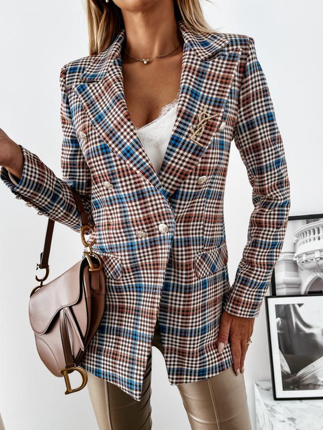 Dame Elegant Blazer med Dobbeltknaplukning og dekorativt Emblem Stilla