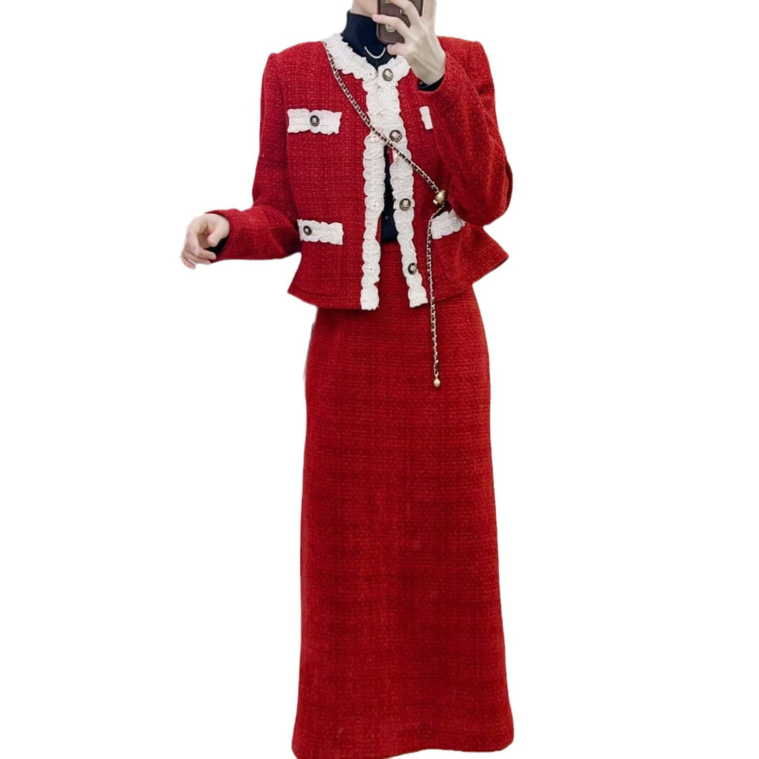 Dame Tweed-Blazer og Nederdel-Sæt med dekorative Knapdetaljer og feminint Design Stilla