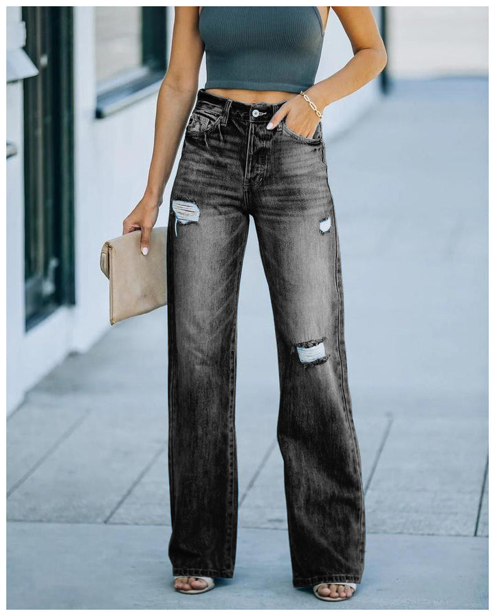 Dame brede jeans med slidteffekter og høj talje
