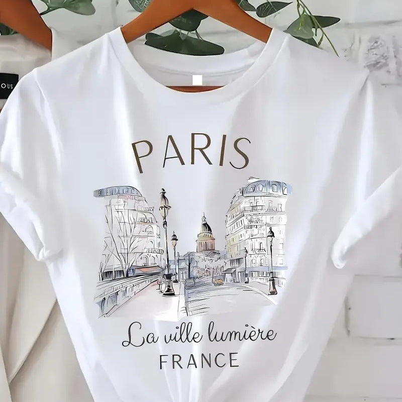 Dame T-shirt med kunstnerisk Paris-motiv og kvalitetsbomuldsstof Stilla