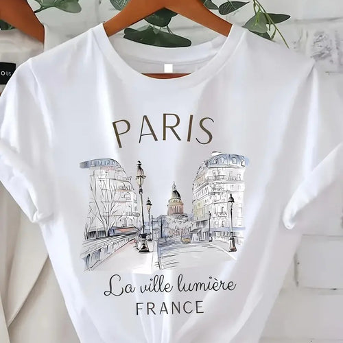 Dame T-shirt med kunstnerisk Paris-motiv og kvalitetsbomuldsstof Stilla