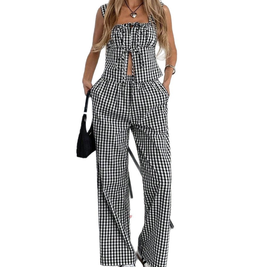 Dame Gingham Tryk Cut-Out Cropped Top og Vidde Bukser Sæt Stilla