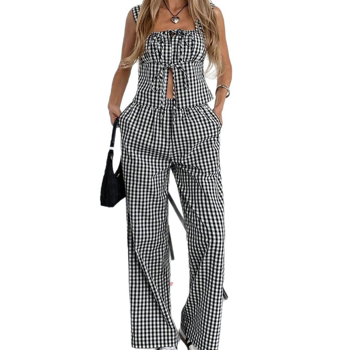 Dame Gingham Tryk Cut-Out Cropped Top og Vidde Bukser Sæt Stilla