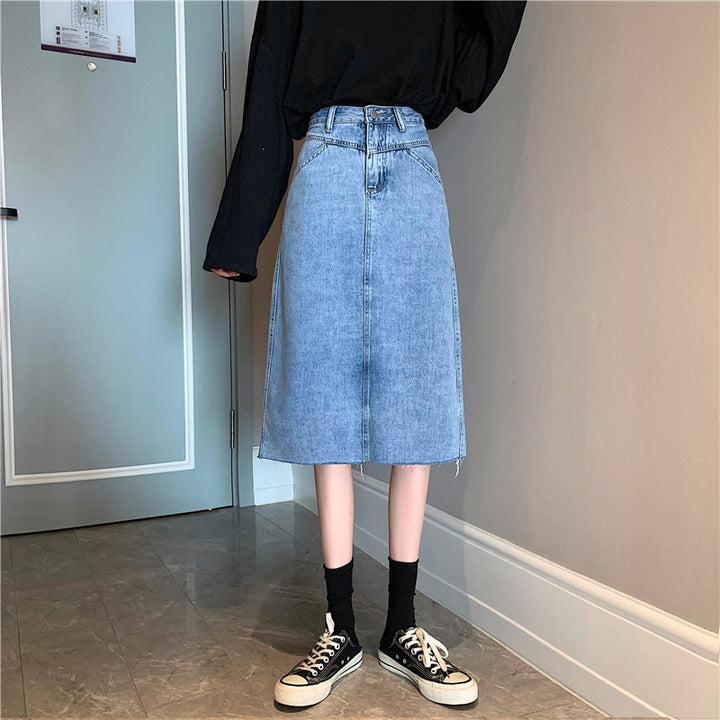 Dame Midi Denim Nederdel med Uregelmæssig Kant Stilla