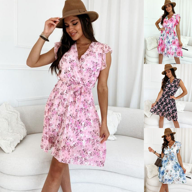 Dame Floral Print Wrap Kjole med Bælte Stilla