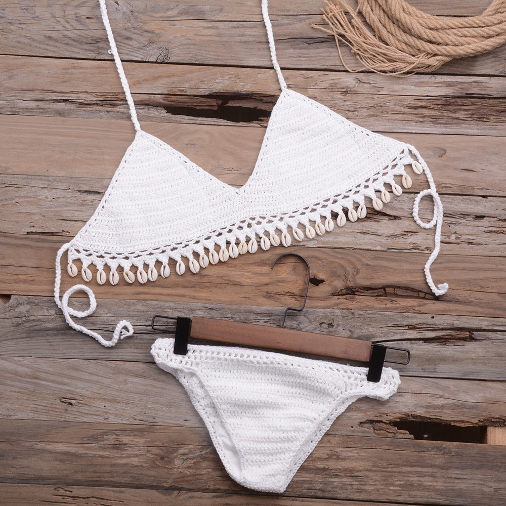 Dame hæklet bikini-sæt med muslingdekorations Stilla