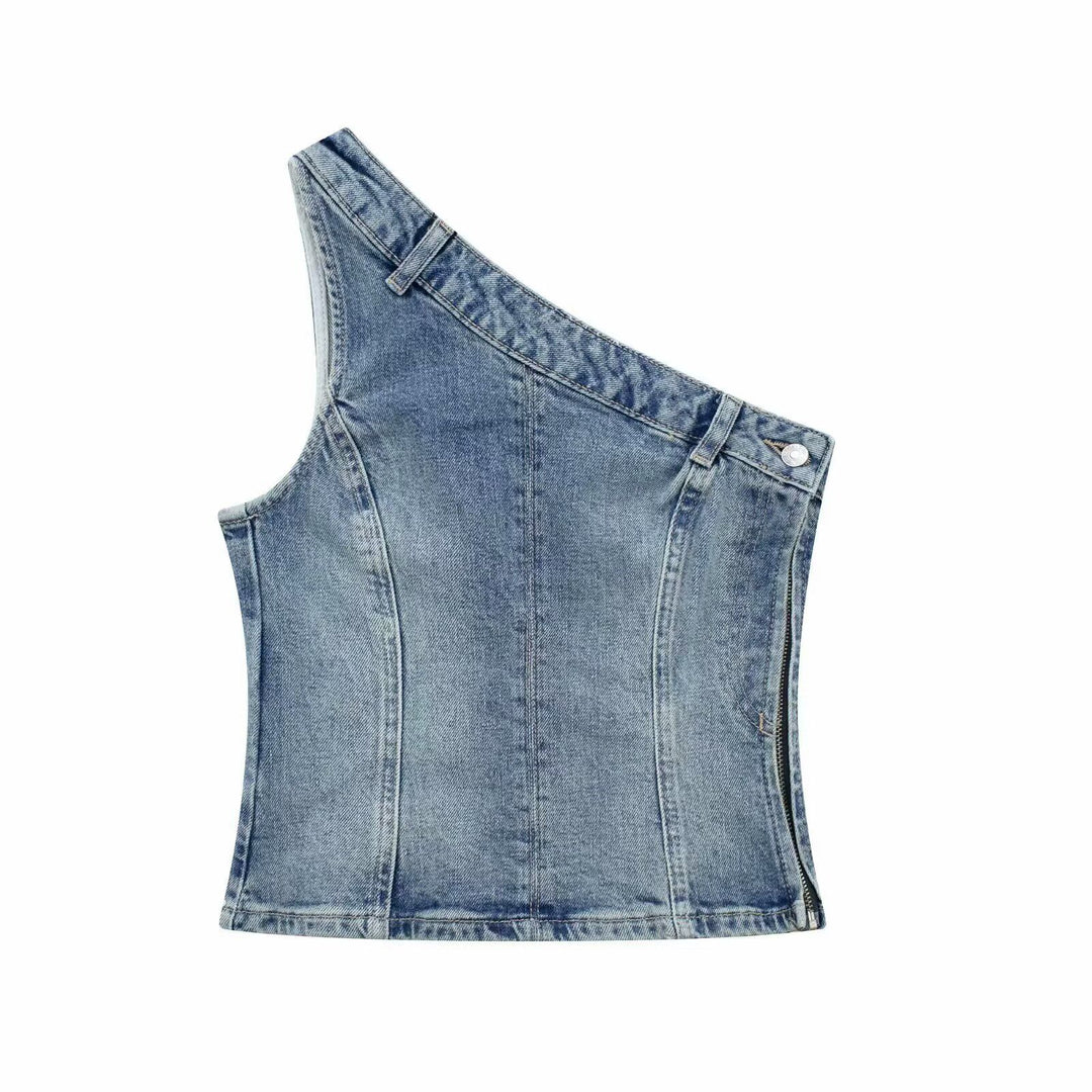 Femme Asymmetrisk Denim Crop Top Stilla