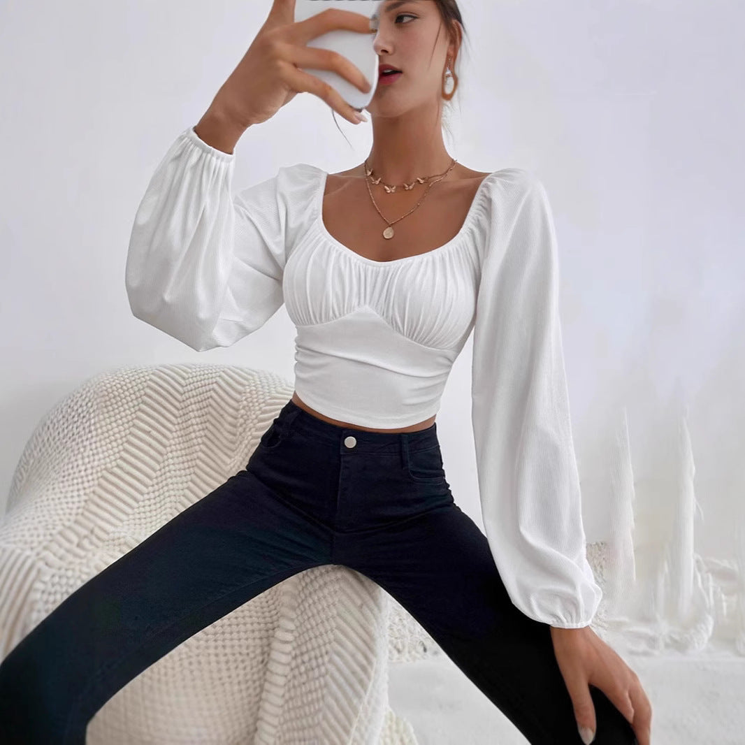 Dame Vedligeholdelsesvenlig Crop-Top med Puffærmer og dekorativ Rynkning Stilla